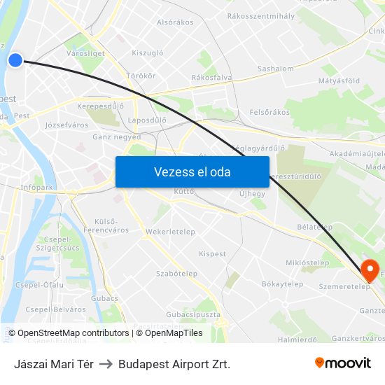Jászai Mari Tér to Budapest Airport Zrt. map