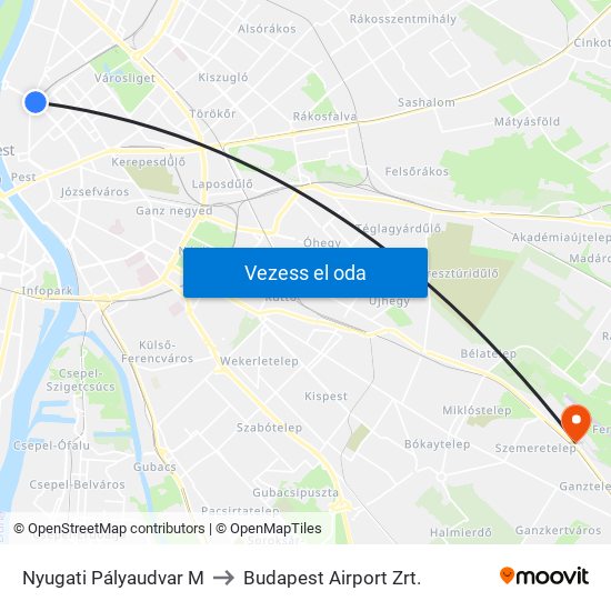 Nyugati Pályaudvar M to Budapest Airport Zrt. map