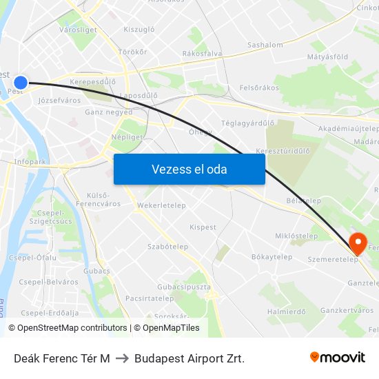 Deák Ferenc Tér M to Budapest Airport Zrt. map