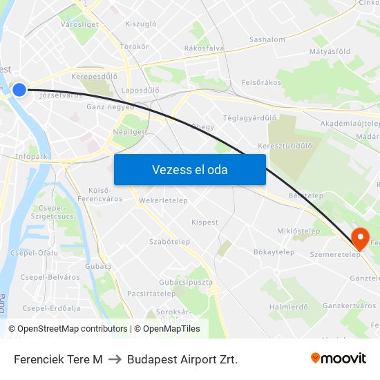 Ferenciek Tere M to Budapest Airport Zrt. map