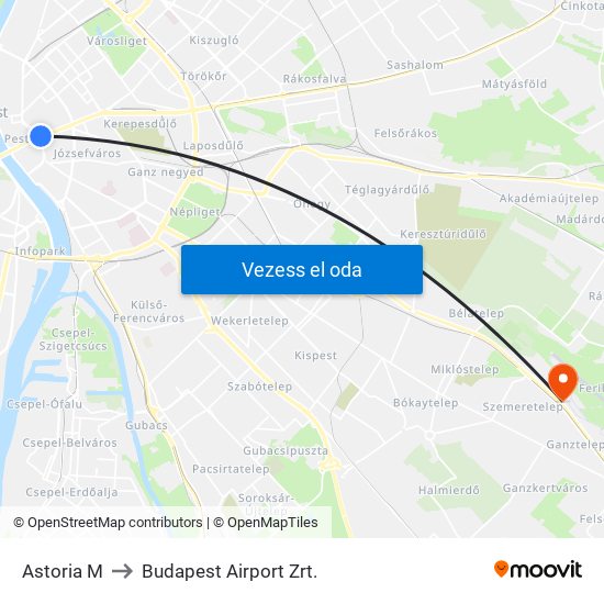 Astoria M to Budapest Airport Zrt. map