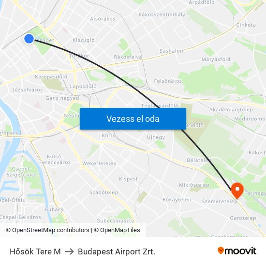 Hősök Tere M to Budapest Airport Zrt. map