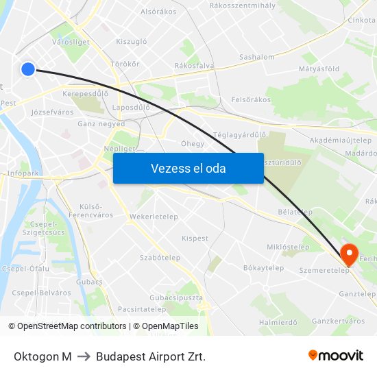 Oktogon M to Budapest Airport Zrt. map