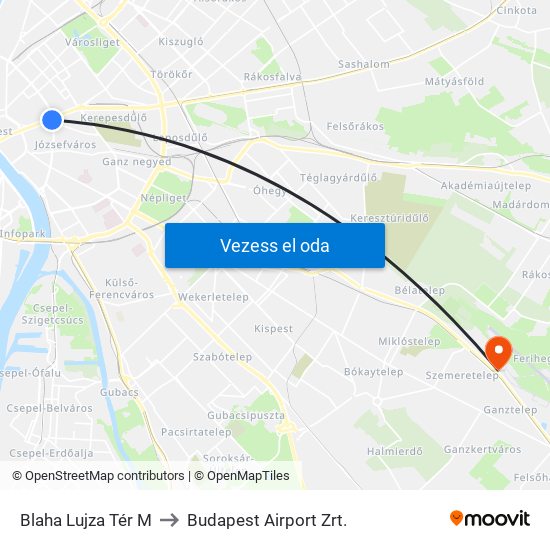 Blaha Lujza Tér M to Budapest Airport Zrt. map
