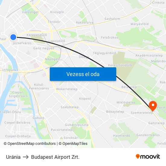 Uránia to Budapest Airport Zrt. map