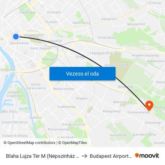 Blaha Lujza Tér M (Népszínház Utca) to Budapest Airport Zrt. map