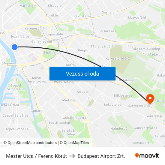 Mester Utca / Ferenc Körút to Budapest Airport Zrt. map