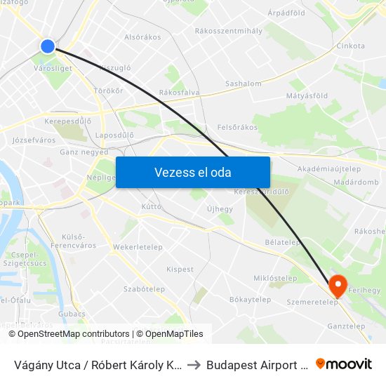 Vágány Utca / Róbert Károly Körút to Budapest Airport Zrt. map
