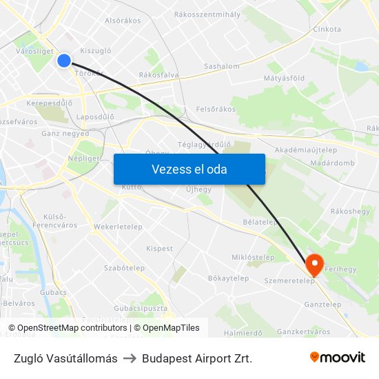 Zugló Vasútállomás to Budapest Airport Zrt. map