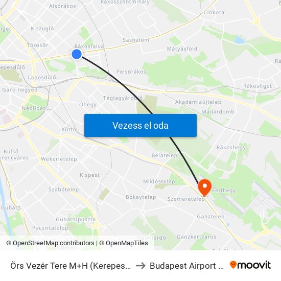 Örs Vezér Tere M+H (Kerepesi Út) to Budapest Airport Zrt. map