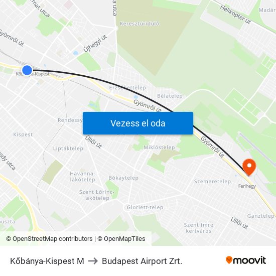 Kőbánya-Kispest M to Budapest Airport Zrt. map