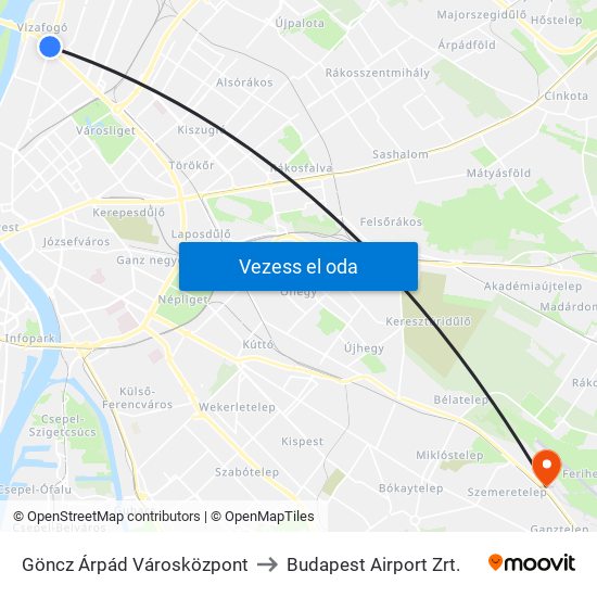 Göncz Árpád Városközpont to Budapest Airport Zrt. map