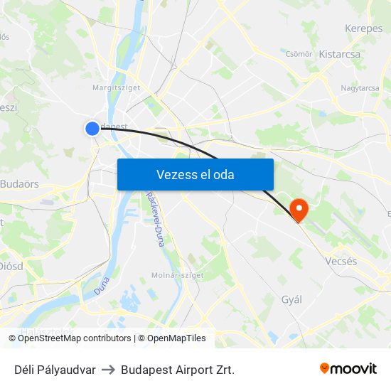 Déli Pályaudvar to Budapest Airport Zrt. map