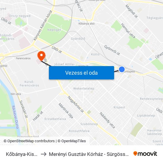 Kőbánya-Kispest M to Merényi Gusztàv Kórház - Sürgösségi Ambulancia map