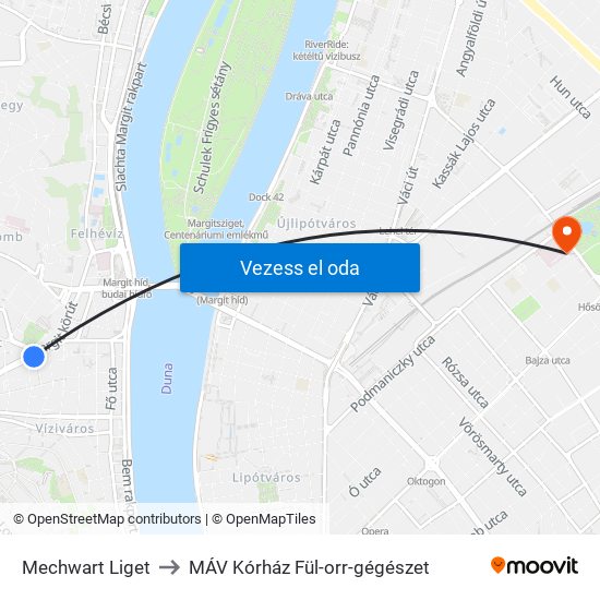 Mechwart Liget to MÁV Kórház Fül-orr-gégészet map