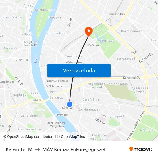 Kálvin Tér M to MÁV Kórház Fül-orr-gégészet map