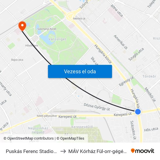 Puskás Ferenc Stadion M to MÁV Kórház Fül-orr-gégészet map