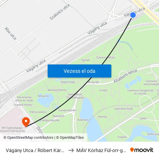Vágány Utca / Róbert Károly Körút to MÁV Kórház Fül-orr-gégészet map