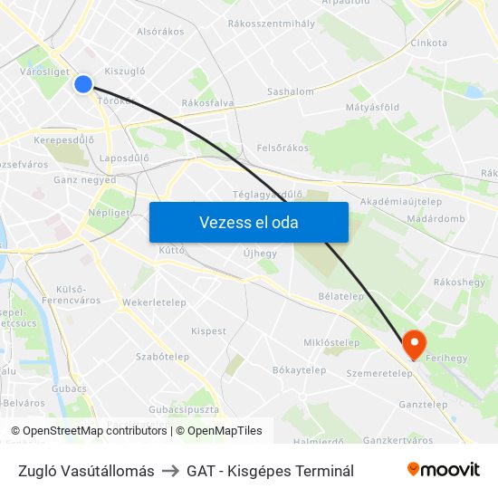 Zugló Vasútállomás to GAT - Kisgépes Terminál map