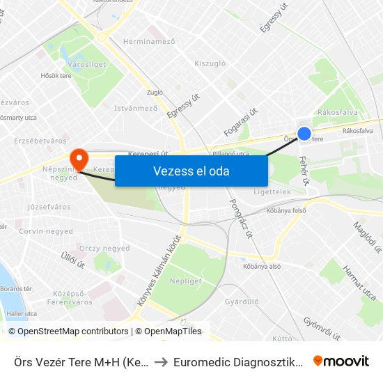 Örs Vezér Tere M+H (Kerepesi Út) to Euromedic Diagnosztikai Központ map