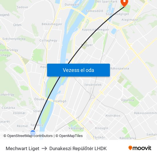 Mechwart Liget to Dunakeszi Repülőtér LHDK map