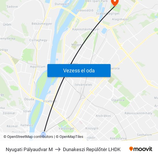 Nyugati Pályaudvar M to Dunakeszi Repülőtér LHDK map