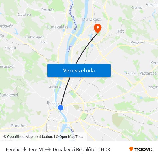 Ferenciek Tere M to Dunakeszi Repülőtér LHDK map