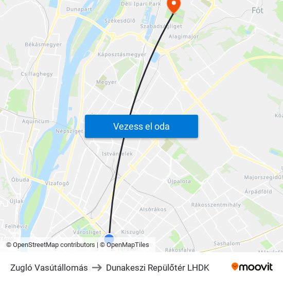 Zugló Vasútállomás to Dunakeszi Repülőtér LHDK map