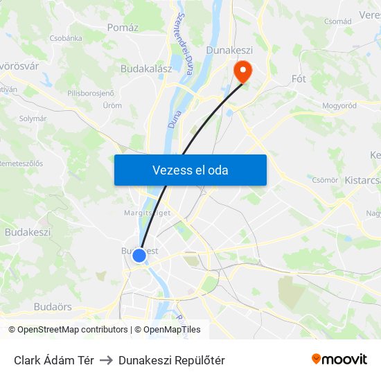Clark Ádám Tér to Dunakeszi Repülőtér map