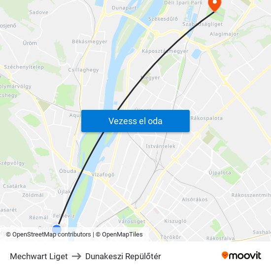 Mechwart Liget to Dunakeszi Repülőtér map