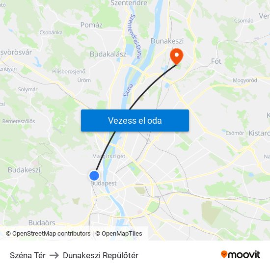 Széna Tér to Dunakeszi Repülőtér map
