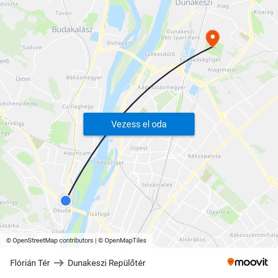 Flórián Tér to Dunakeszi Repülőtér map
