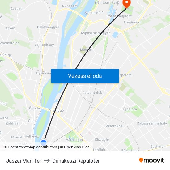 Jászai Mari Tér to Dunakeszi Repülőtér map