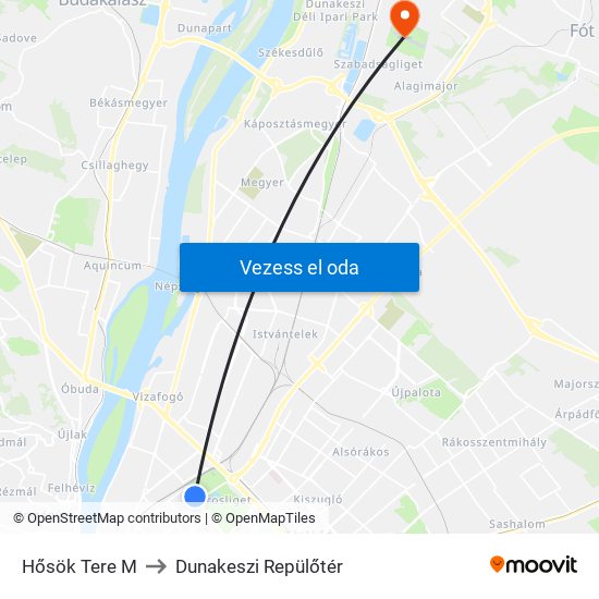 Hősök Tere M to Dunakeszi Repülőtér map