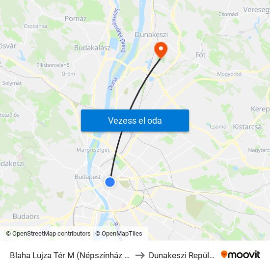 Blaha Lujza Tér M (Népszínház Utca) to Dunakeszi Repülőtér map