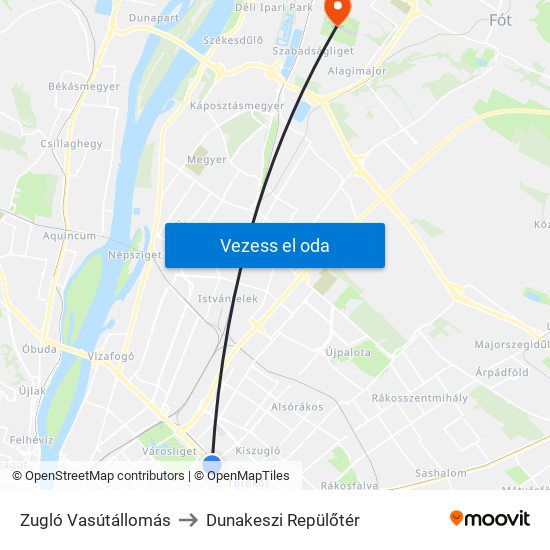 Zugló Vasútállomás to Dunakeszi Repülőtér map