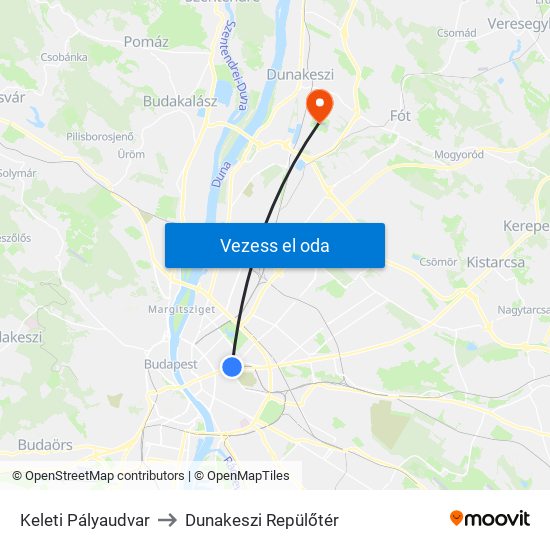 Keleti Pályaudvar to Dunakeszi Repülőtér map
