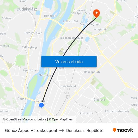 Göncz Árpád Városközpont to Dunakeszi Repülőtér map