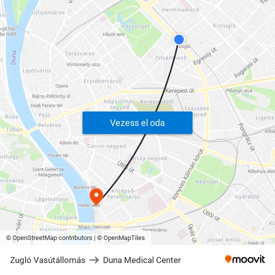 Zugló Vasútállomás to Duna Medical Center map