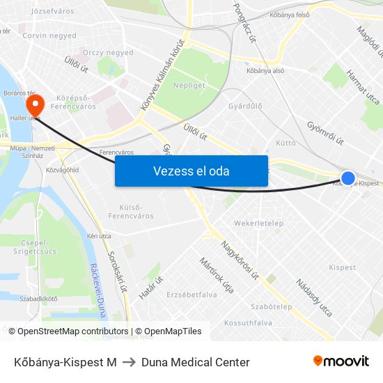 Kőbánya-Kispest M to Duna Medical Center map