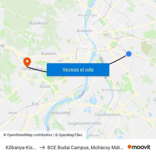 Kőbánya-Kispest M to BCE Budai Campus, Mohácsy Mátyás Kollégium map