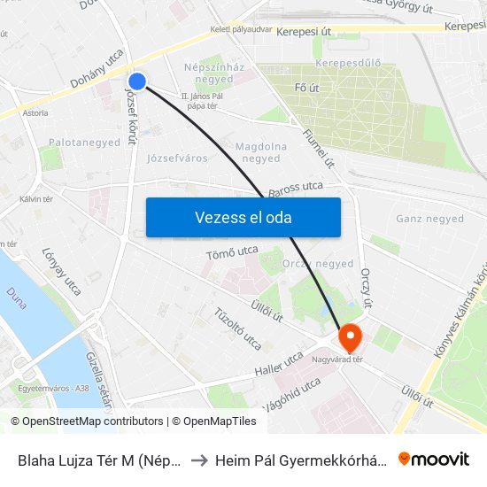 Blaha Lujza Tér M (Népszínház Utca) to Heim Pál Gyermekkórház Igazgatóság map