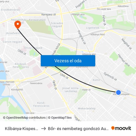 Kőbánya-Kispest M to Bőr- és nemibeteg gondozó Auróra map