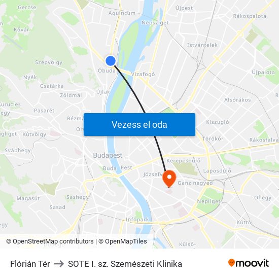 Flórián Tér to SOTE I. sz. Szemészeti Klinika map