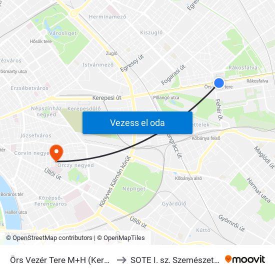 Örs Vezér Tere M+H (Kerepesi Út) to SOTE I. sz. Szemészeti Klinika map