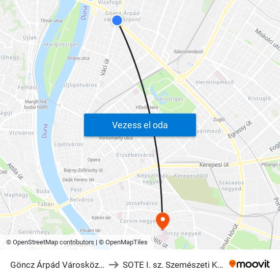 Göncz Árpád Városközpont to SOTE I. sz. Szemészeti Klinika map