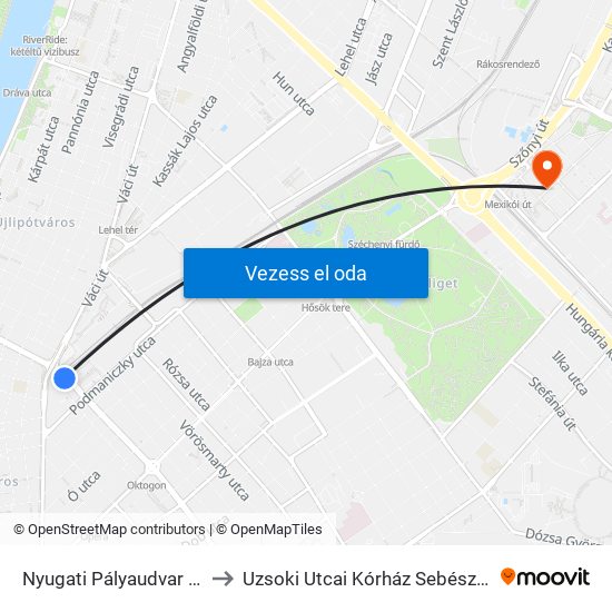 Nyugati Pályaudvar M to Uzsoki Utcai Kórház Sebészet map