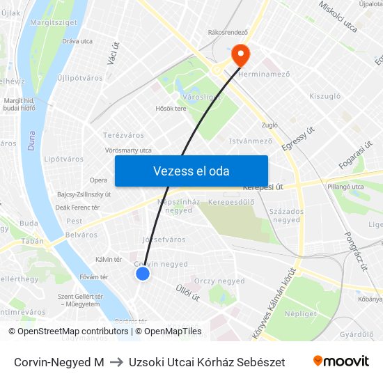 Corvin-Negyed M to Uzsoki Utcai Kórház Sebészet map