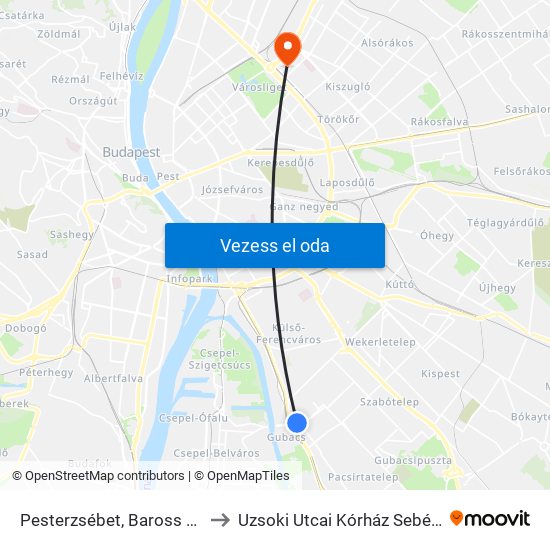 Pesterzsébet, Baross Utca to Uzsoki Utcai Kórház Sebészet map