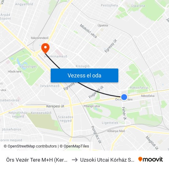 Örs Vezér Tere M+H (Kerepesi Út) to Uzsoki Utcai Kórház Sebészet map